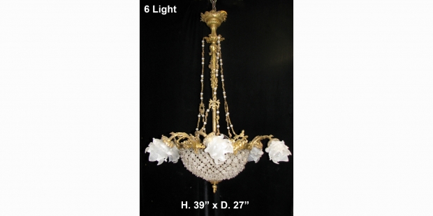 CH21  Antique French crystal and gilt bronze 6 light chandelier with  frosted glass rosettes