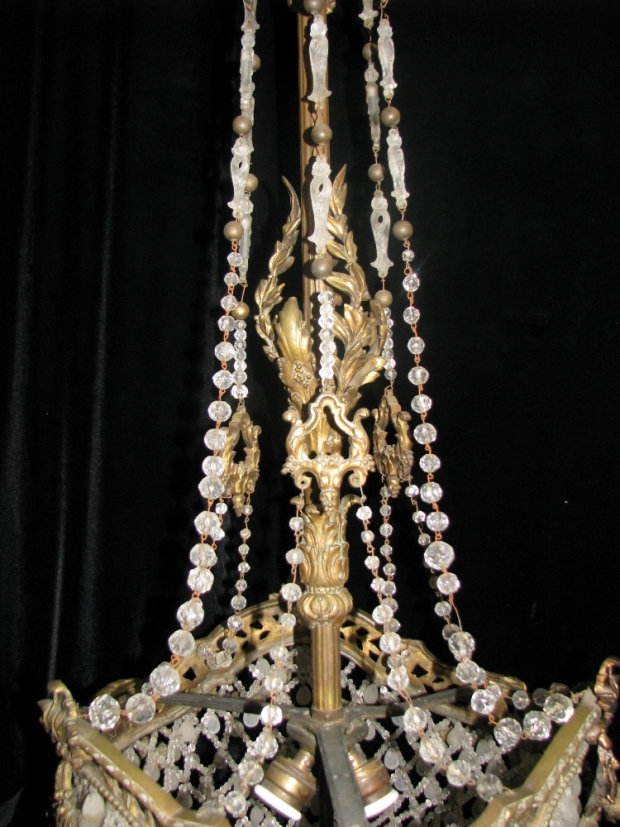 CH24  19c French gilt bronze and crystal beaded 4 light chandelier (2)