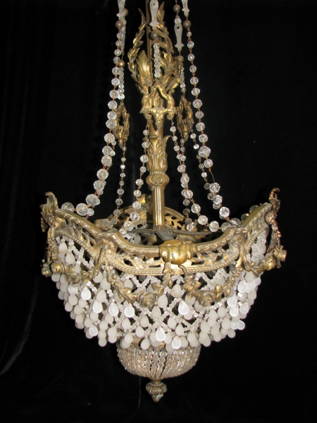 CH24  19c French gilt bronze and crystal beaded 4 light chandelier (3)