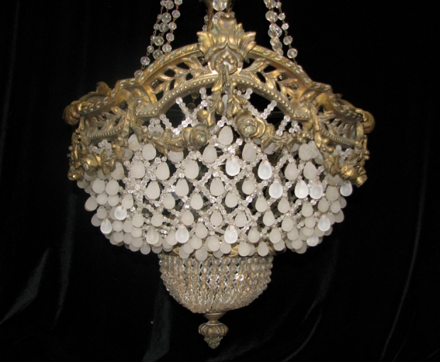 CH24  19c French gilt bronze and crystal beaded 4 light chandelier (5)