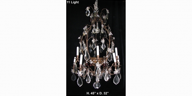 CH28  Unusual 19c Spanish Cut Crystal mounted bronze 11 light chandelier