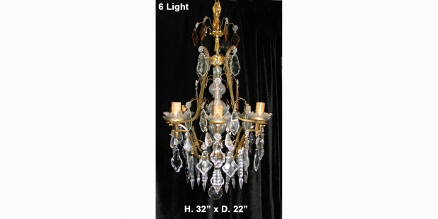 CH85  French gilt bronze and cut crystal 6 light chandelier Mid20C