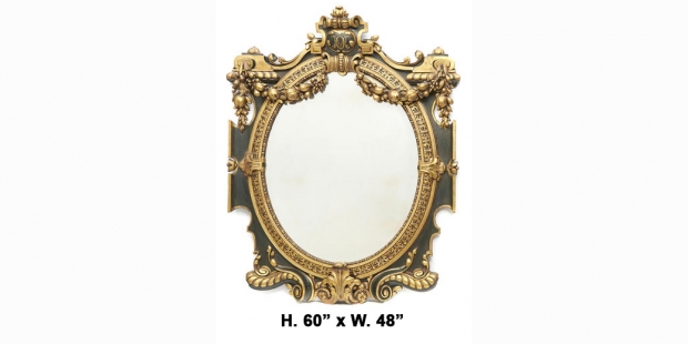 Fine 19c Italian baroque style parcel gilt and painted oval mirror with swags