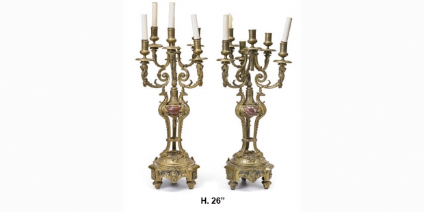Pair 19c French Louis XV style gilt bronze and rouge marble 6L candelabra