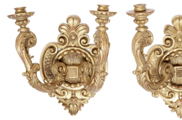 Pair 19c Italian Rococo Style carved giltwood 2L sconces (2)