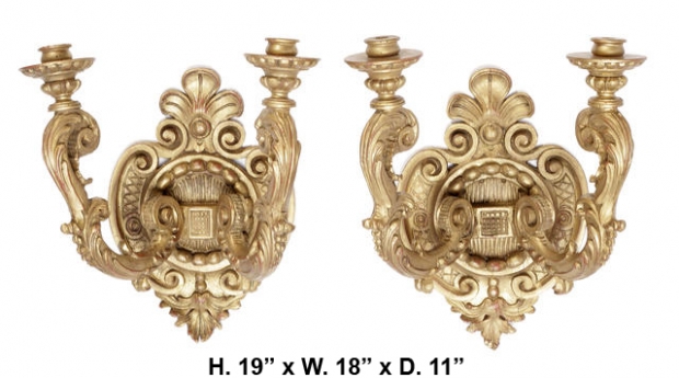 Pair 19c Italian Rococo Style carved giltwood 2L sconces