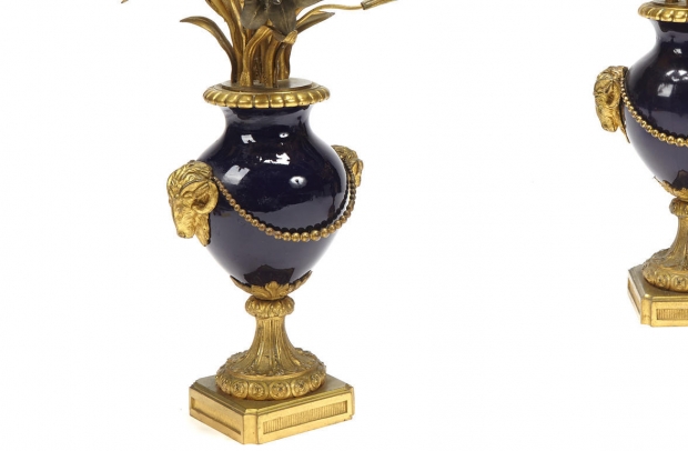 Pair 19c Louis XV Style Cobalt Blue and Gilt Bronze 4 Light Candelabra (2)