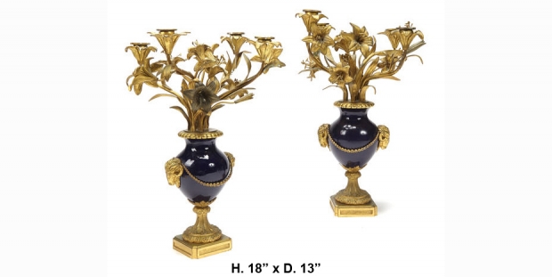 Pair 19c Louis XV Style Cobalt Blue and Gilt Bronze 4 Light Candelabra