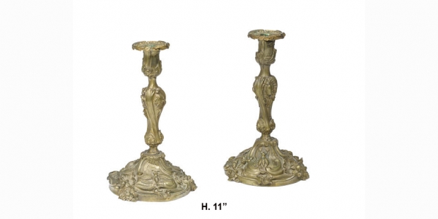 Pair 19c Louis XV style gilt bronze candlesticks  z