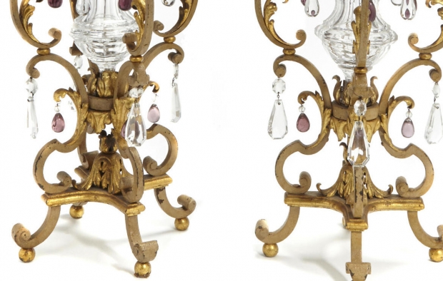 Pair Italian Baroque Style gilt bronze 4L candelabra with crystal spike (2)