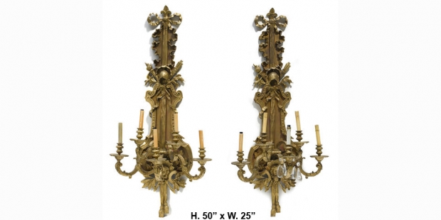 Pair Monumental Louis XVI style gilt bronze 5L sconces Mid20C