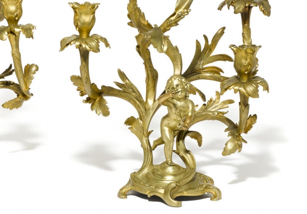 Unusual 19c Pair Louis XV Style ormolu 5L figural candelabra (3)