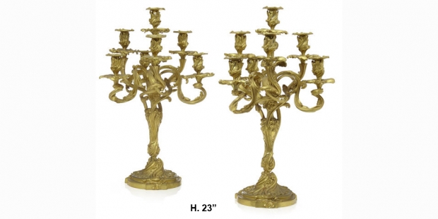 pair fine 19c Louis XV style gilt bronze 7 light candelabra