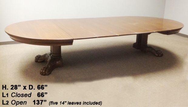 19c. American Baroque Style carved mahogany dining table with 5 leaves