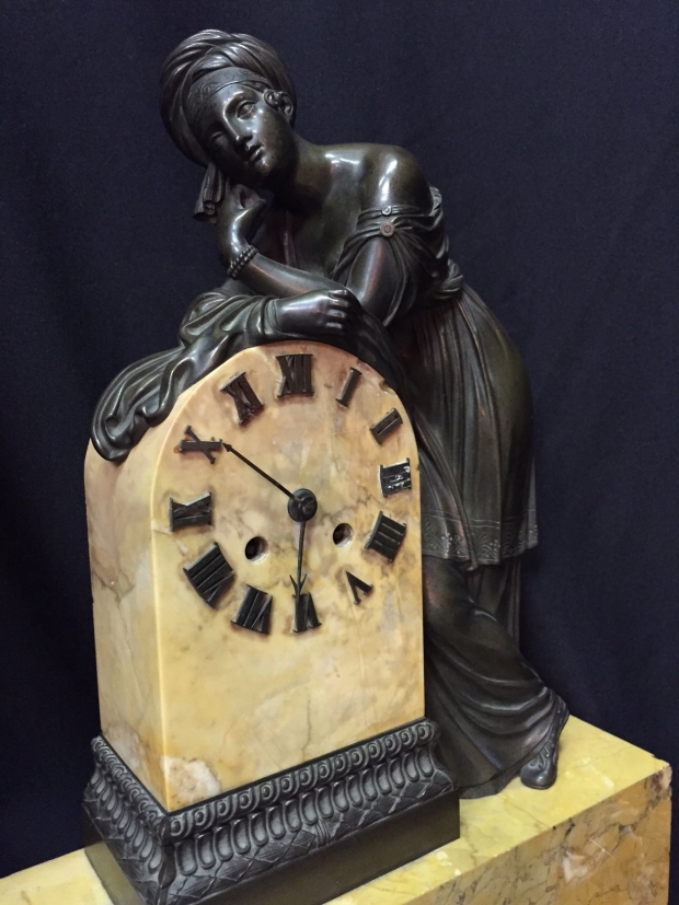 Fine French Charles X bronze and sienna marble mantle clock w standing maiden (1)