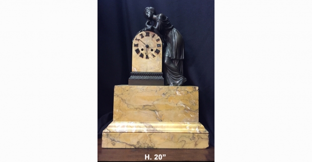 Fine French Charles X bronze and sienna marble mantle clock w standing maiden