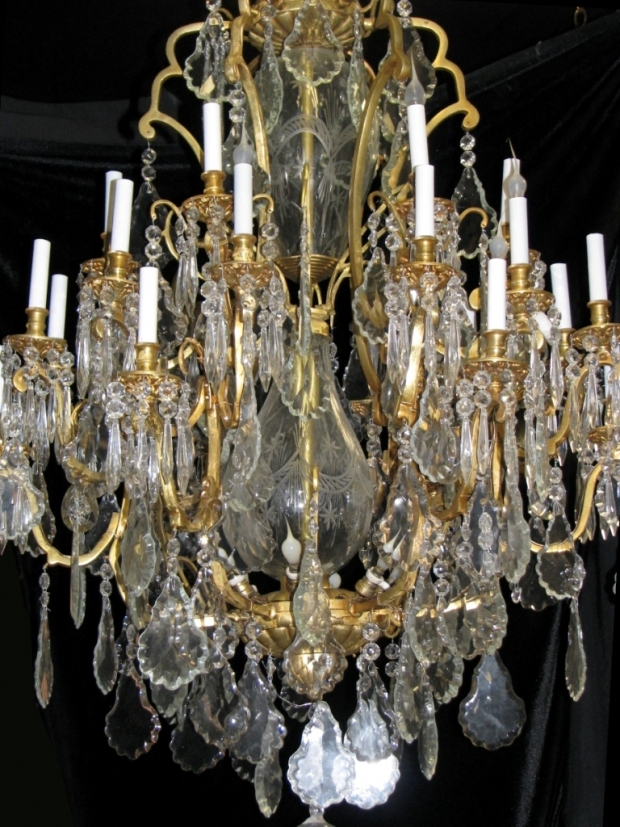Impressive Pair French Louis XV style bronze and cut crystal 24 Light chandeliers (10)