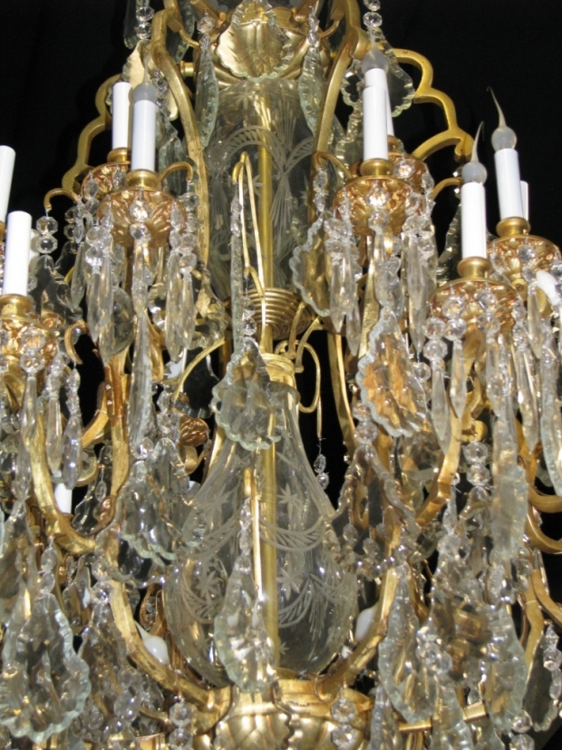 Impressive Pair French Louis XV style bronze and cut crystal 24 Light chandeliers (15)