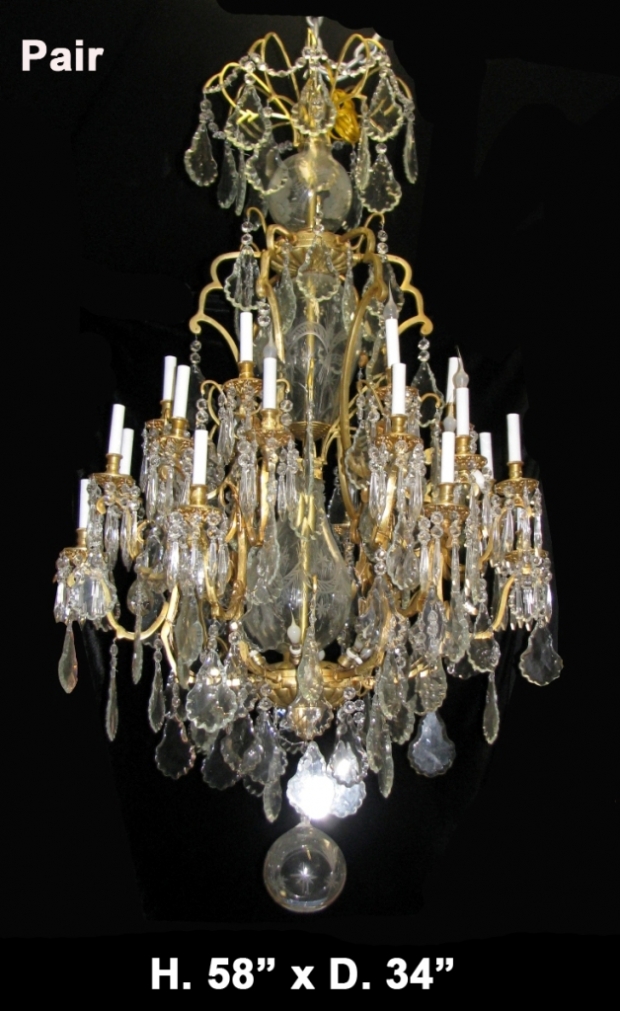 Impressive Pair French Louis XV style bronze and cut crystal 24 Light chandeliers