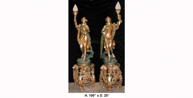 Monumental pair fine gilt and patinated bronze figural torchieres signed and dated