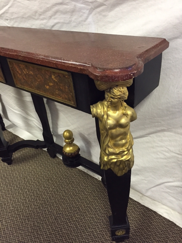 Unusual Pair 19c French bronze mounted and faux painted ebonized consoles with faux porphry tops (1)