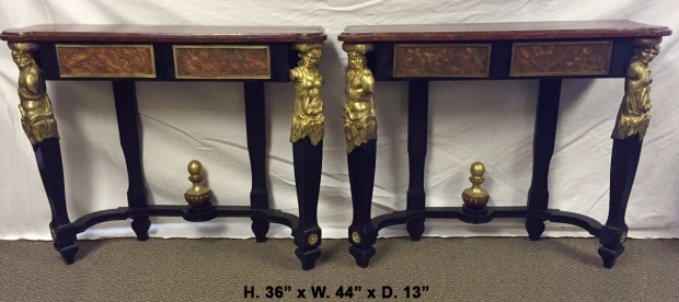 Unusual Pair 19c French bronze mounted and faux painted ebonized consoles with faux porphry tops