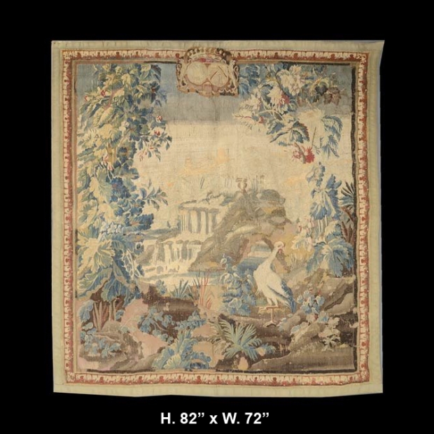 TAP-0732    19 C. Flemish Verdure Tapestry depicting castle garden with coat of arms