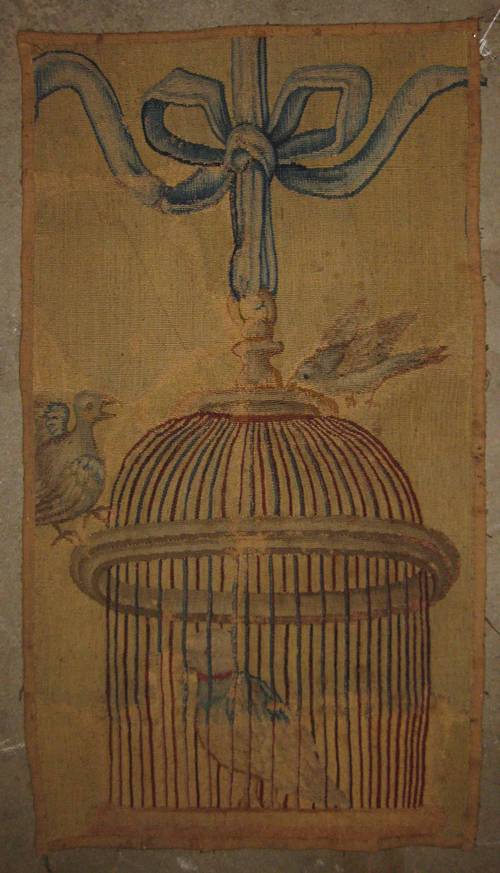 TAP-2700  18c. Neo-classical tapestry fragment of a bird in a cage (1)