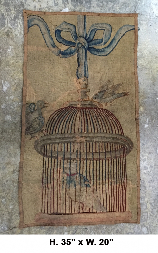 TAP-2700  18c. Neo-classical tapestry fragment of a bird in a cage