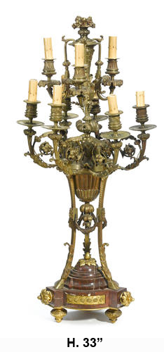 Exceptional 19c French gilt bronze and Rouge marble candelabrum