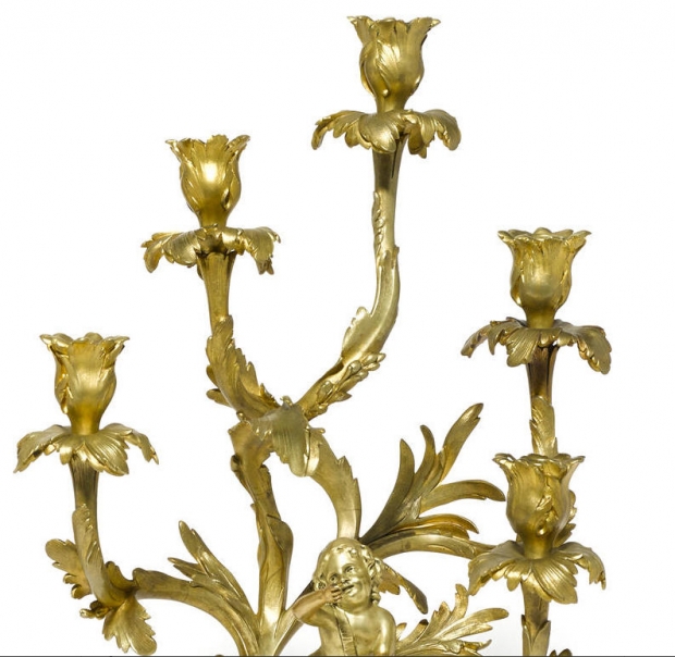 Unusual 19c Pair Louis XV Style ormolu 5L figural candelabra (4)