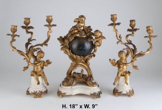 Exceptional 19c French Ormolu 3 pc clock Garniture Set with cherubs
