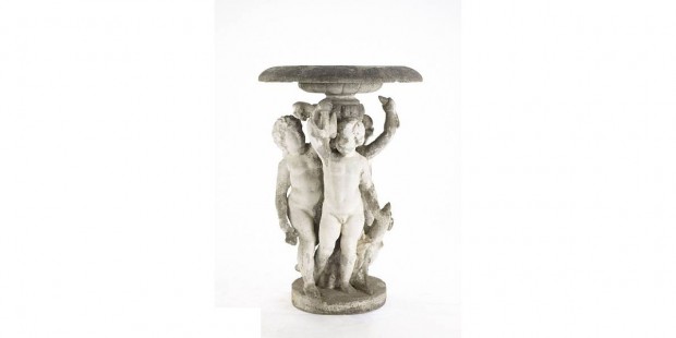 19th Century Cast Stone Fountain With 3 Cherubs and a Dog