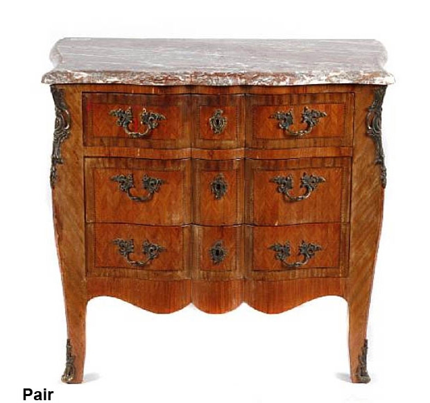 Pair 19th Century Louis XV Style Gilt Bronze Mounted Inlaid Walnut Commodes