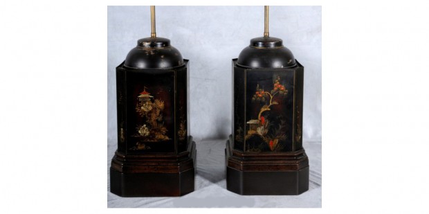 Pair English Tole Tea Caddies Mounted as Lamps with Floral Decoration