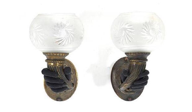 Pair French Aesthetic Ebonized Wood Bronze and Cut Glass Wall Lights