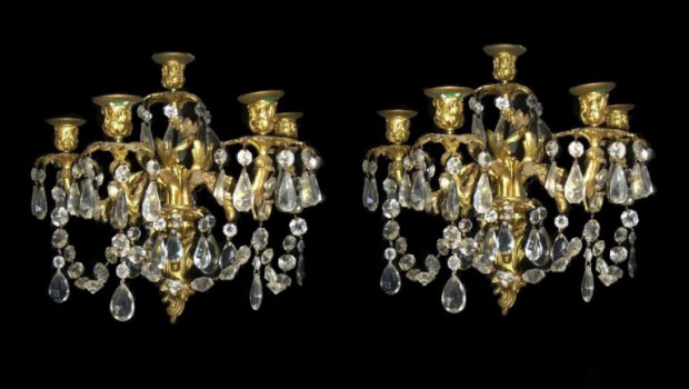 Pair of 19th Century Louis XV Style Gilt Bronze and Glass Five Light Sconces