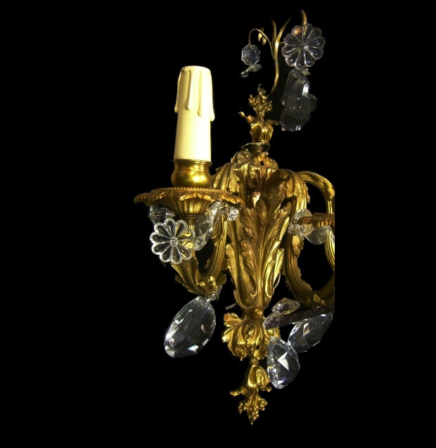 Pair 19th Century Ormolu Three Light Sconces With Cut Crystal