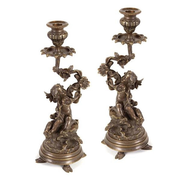 Pair Louis XV Style Patinated Bronze Figural Candlesticks