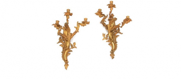 Pair of Louis XV Style Gilt Bronze Three Light Sconces