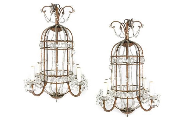 Pair of Birdcage Form Four Light Chandeliers