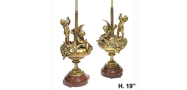 Pair 19th Century Louis XVI Style Ormolu and Rouge Marble Lamps