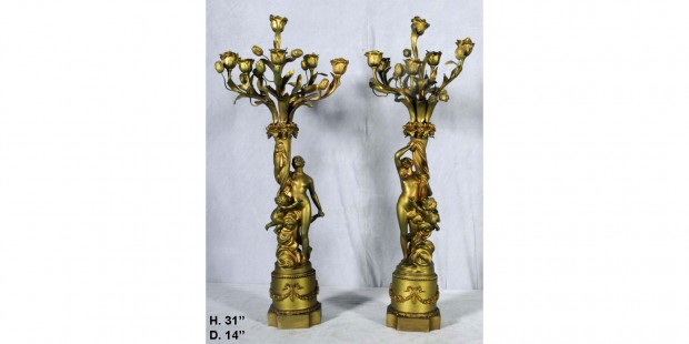 Pair 19 Century French Bronze 6 Light Figural Candelabra