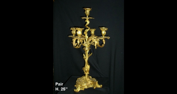Pair Antique Louis XV Style Ormolu Five Light Candelabra