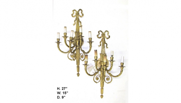 Pair Louis XVI Style Gilt Bronze Five Light Sconces