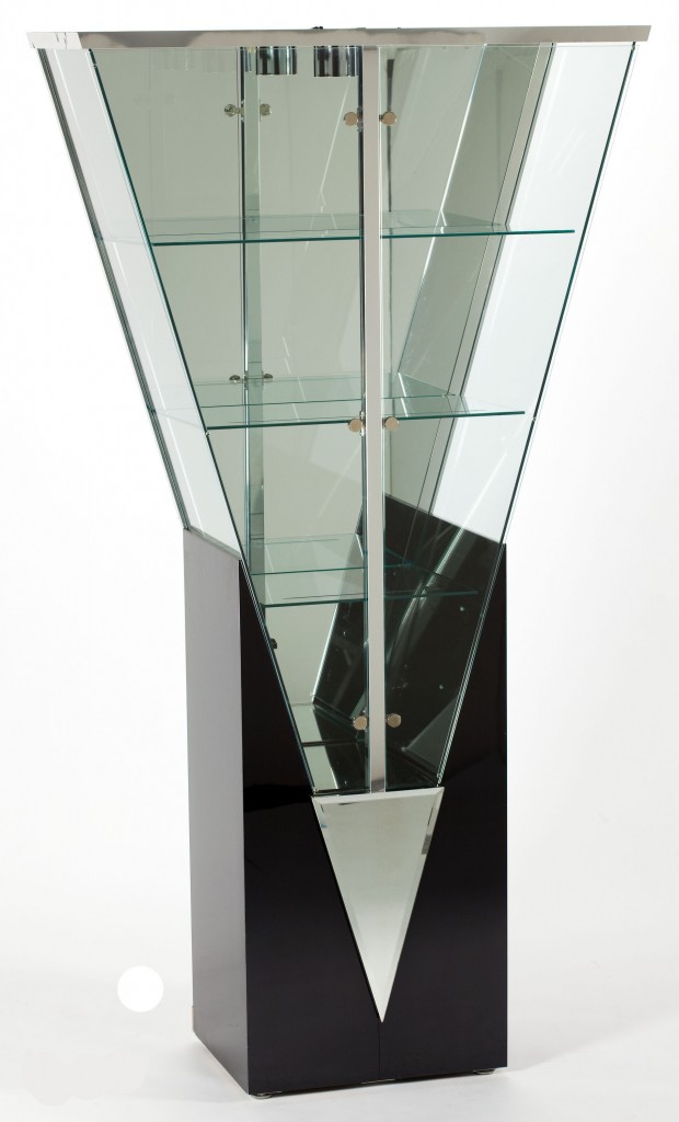 20c. Contemporary lighted mirror plastic and glass vitrine c