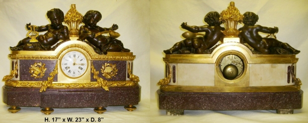 Exceptional French Louis xvi ormolu & patinated bronze mounted Porphry clock with Two reclining boys