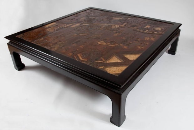 Wood coffee table w. top made from fragments of Chinese coromandel screen (2)
