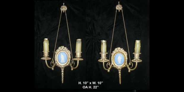 Pair Antique silvered Bronze and Wedgewood sconces