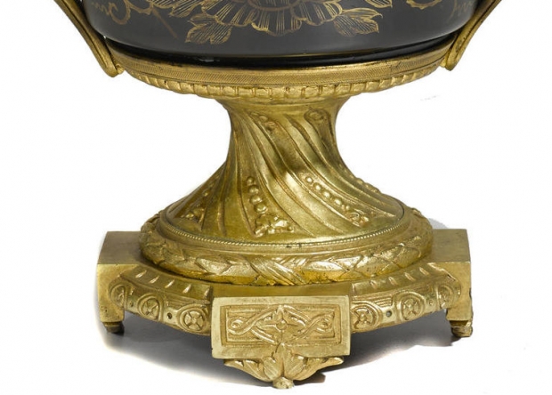 19c French chinoiserie gilt bronze and lacquered pocelain covered urn (2)